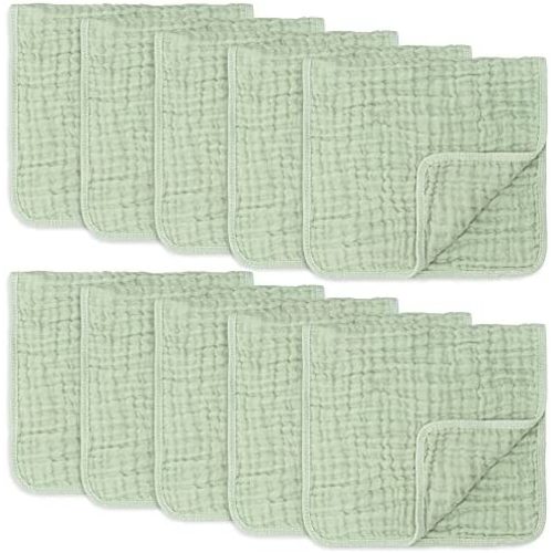 Muslin Burp Cloths 10 Pack Large 100% Cotton Hand Washcloths 6 Layers Extra Absorbent and Soft (Sage, Pack of 10)