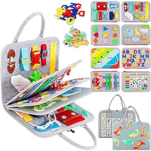 Esjay Busy Board for Toddlers, Busy Book Montessori Toys for 1 2 3 4 Year Old, Sensory Board Learning Activities for Fine Motor Skills, Gifts for Boys Girls, Travel Toys for Airplane Car