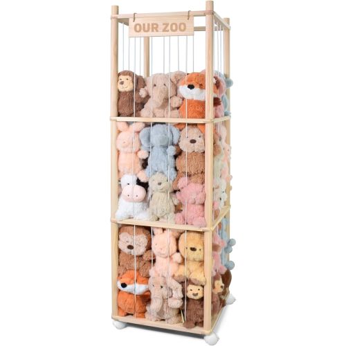 Stuffed Animal Storage, Wooden Cute Zoo Toy Holder with Brake Wheels, Space Save Toy Organizer, Large Capacity Stuffed Animal Holder, Perfect for Nursery Playroom Kidroom Bedroom-54 Inch