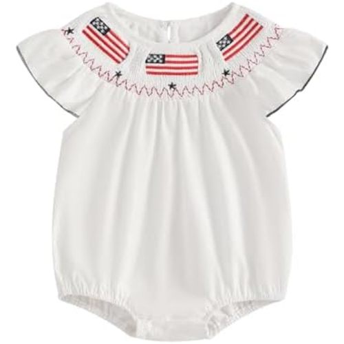 Newborn Baby Girl 4th of July Outfit American Flag Smocked Bubble Romper Plaid Fly Sleeve Bodysuit Patriotic Clothes