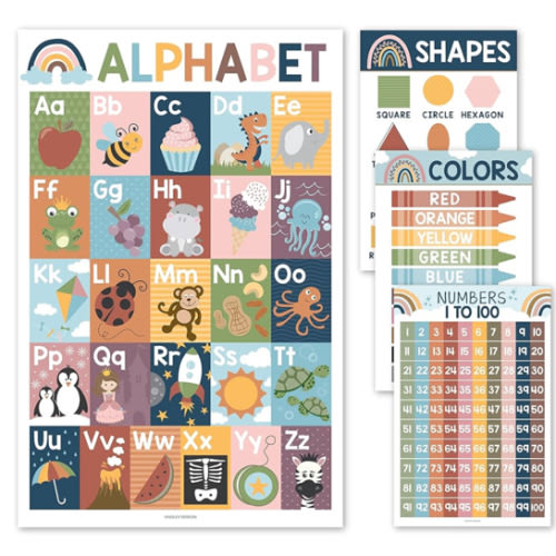 Hadley Designs 4 Boho Pre K & Kindergarten Homeschool Supplies - ABC Chart For Wall For Toddlers, Number Chart 1-100 For Kids For Wall, Color Posters For Classroom Preschool Learning Posters