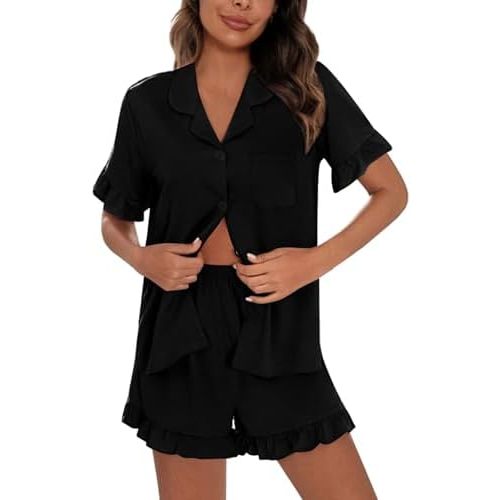 SWOMOG Woman Pajama Set Short Sleeve Pjs Set 2Pcs Short Pajamas Button Down Ruffle Hem Sleepwear Soft Modal Loungewear
