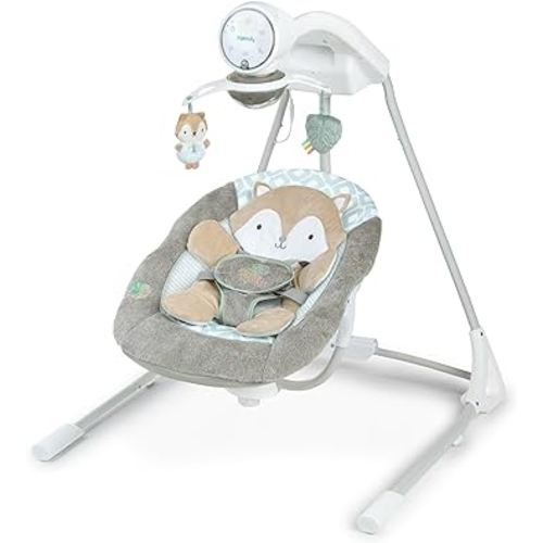Ingenuity InLighten 5-Speed Baby Swing - Swivel Infant Seat, 5 Point Safety Harness, Nature Sounds, Lights - Kitt Fox