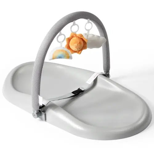 Wipe-Clean Baby Changing Pad, Waterproof Durable PU Pad, Soft & Non-Slip Safety Belt & Hanging Toys, Easy to Adjust & Removable Bar, Gray