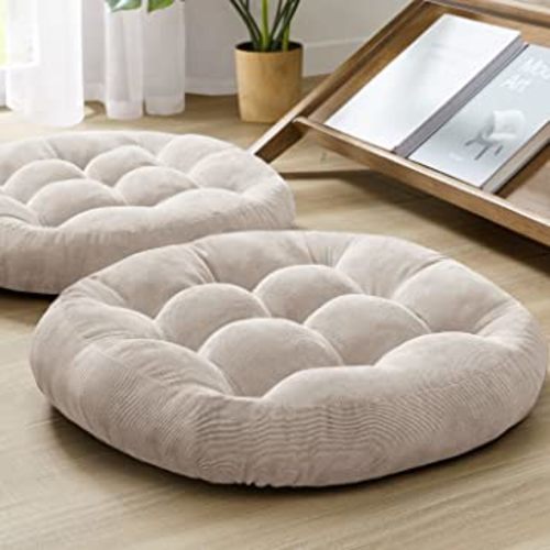 Meditation Floor Pillow Set of 2, Round Large Pillows Seating for Adults, Tufted Corduroy Floor Cushion for Living Room Tatami, Beige 22 Inch