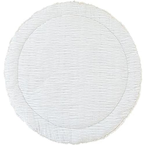 MakeMake Organics Organic Play Mat GOTS Certified Organic Cotton Nursery Floor Rug Washable Reversible Non Toxic Activity Mat Tummy Time Crawling Pad Thick Quilted (Round 48",Blue Stripes,Solid Ivory)