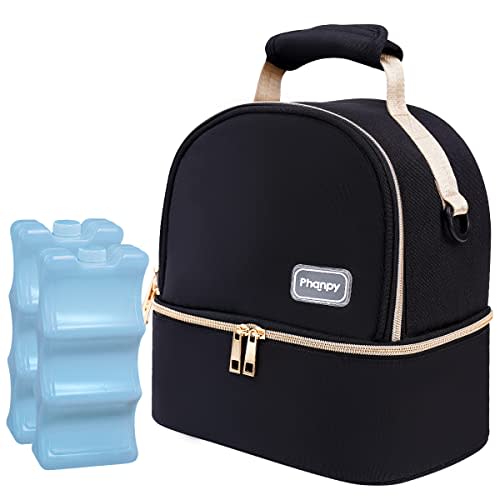 Phanpy Breast Pump Bag with Cooler, Breastmilk Cooler Bag with Ice Pack, Double Deck Breastmilk Storage Bag Cooler, Baby Bottle Bag, Double Layer Preservation Package(Black)