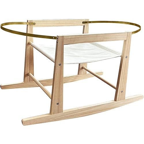 Wooden Rocking Basket Stand Compatible with Moses Baskets for Newborns, Locking Mechanism & Adjustable Strap, Natural Wood, 35" x 18.5" x 19", Basket Not Included