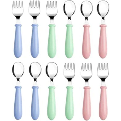 Pimoys 12 Pieces Toddler Utensils Kids Silverware Set Baby Forks and Spoons, Stainless Steel Childrens Safe Cutlery with Round Handle for Self Feeding, Dishwasher Safe
