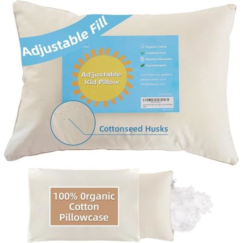 LOFE Organic Kids Pillow with Pillowcase - 16x22 Youth Pillow with 100% Organic Cotton Shell, Adjustable Loft Organic plilow, Machine Washable, Soft, Perfect for Kids&Youth&Children
