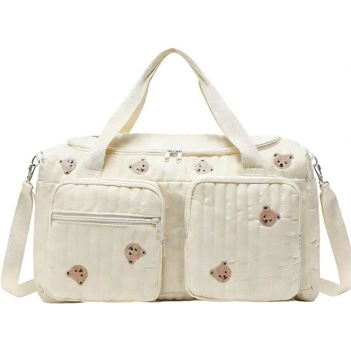 Large Baby Changing & Hospital Maternity Bag, Cotton Mommy Diaper Tote Bags with Embroidery for Trave, Large Capacity Multiple Soft Nappy Bag Lightweight Travel Duffel Bags with Shoulder Strap
