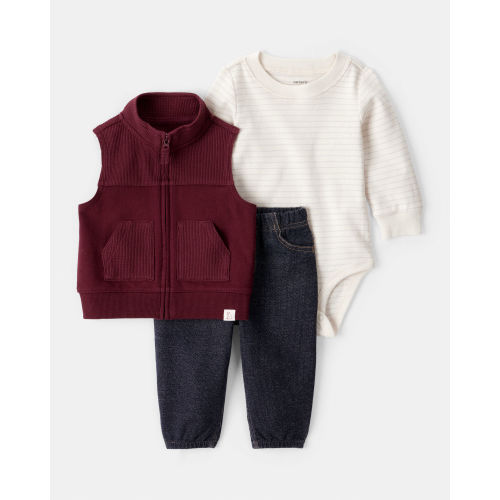 Baby Boy 3-Piece Long-Sleeve Bodysuit, Vest & Denim Pant Set
