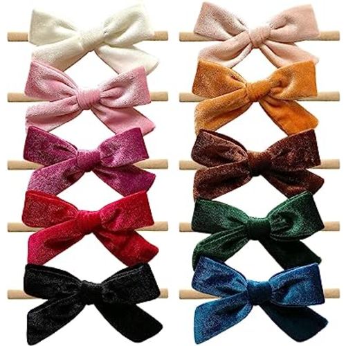 Cherssy Baby Girl 4" Velvet Hair Bows and Headbands, 10pcs Nylon Hairbands Elastic Hair Accessories for Newborn, Infant, Toddlers