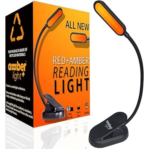 Amber Reading Light + Red Light. Giftable Blue Light Blocking Book Light For Reading in Bed