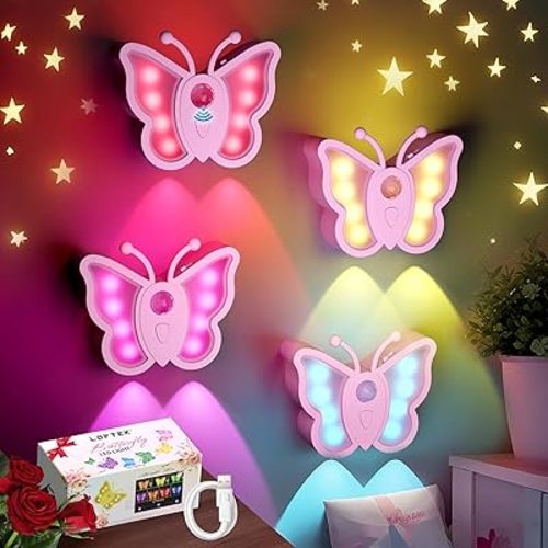 LOFTEK Rechargeable Motion Sensor Light, RGB Color Changing & Dimmable Night Light, Cute Butterfly Light for Kid's Bedroom, Bathroom, Hallway, Tent & Stairs - Ideal Home Decor & Gift, Pink of 4