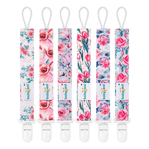 Babygoal Floral Pacifier Clips, 6 Pack Binky Paci Holder Clips and Leash for Boys and Girls Fits for Most Pacifier, Binkie Styles & Baby Teethers & Toys and Gift 6PS16