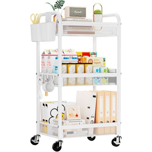 YASONIC 3 Tier Rolling Cart – Metal Utility Storage Carts with Wheels, Craft Carts Organizer with Hanging Cups, Hooks, Mesh Basket for Bedside Kitchen Office Art, White