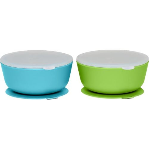 WeeSprout Suction Bowls for Baby & Toddlers (Set of 2) - 100% Silicone w/Plastic Lid - Leak Proof Feeding Supplies - Dishwasher & Microwave Safe Infant Dinnerware w/Extra Strong Base - Bright Blue + Bright Green