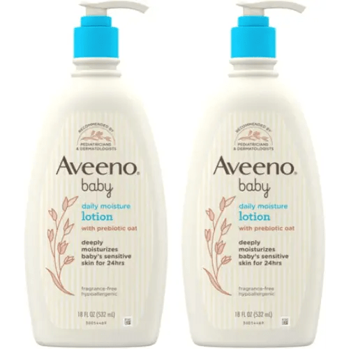 Aveeno Baby Daily Moisture Body Lotion for Sensitive Skin, Hypoallergenic Moisturizing Baby Lotion with Nourishing Oat to Deeply Moisturize Baby's Skin, Fragrance-Free, 18 fl. oz, 2 Pack
