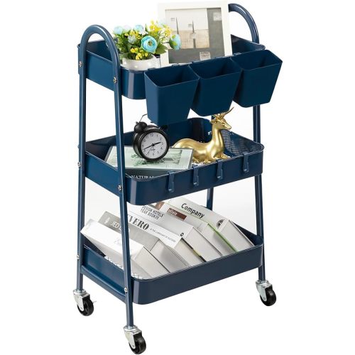 danpinera 3-Tier Rolling Cart, Metal Rolling Storage Cart with Lockable Wheels & Hanging Cups & Hooks, Mobile Trolley Cart for Kitchen, Bathroom, Office, Workshop, Dark Blue