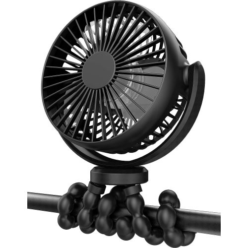 Juyafio Portable Fan, Stroller Fan, Battery Powered Fan, Clip-on Fan with Flexible Tripod, Personal Rechargeable Cooling Fan with 360° Adjustable, for Stroller, Car Seat,Travel, Black