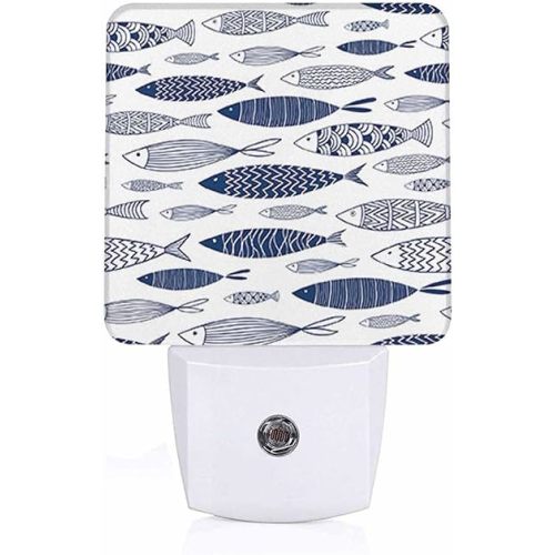 LED Night Light,Blue Doodle Ornamental Fish LED Night Light Plug into Wall with Dusk to Dawn Light Sensor White Energy Efficient Nightlight for Bedroom Bathroom Hallway Living Room Kitchen