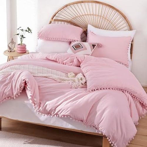 YIRDDEO Twin Comforter Set - Comforter Twin Size Bed with Ball Pom Fringe, Soft Bedding Set for All Seasons - 2 Pieces, 1 Comforter (66"x90") & 1 Pillow Sham(20"x26"), Dust Pink