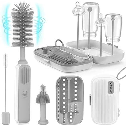 Electric Bottle Brush Cleaner, Baby Bottle Brush Travel Set, 360° Efficient Cleaning, 2000 mAh Battery, Travel Bottle Brush Set with Drainage Rack and Storage Box, Baby Travel Essential Grey
