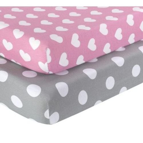 Everyday Kids 2-Pack Jersey Knit Crib Sheets – Pink & Purple Hearts and Dots – 100% Cotton Baby Girl Sheets for Standard Crib Mattress