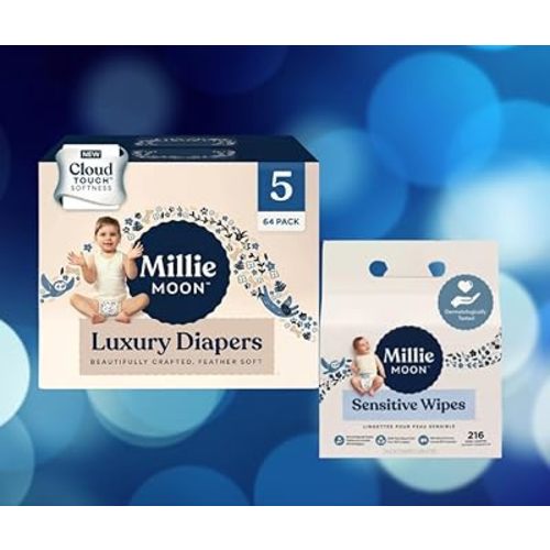Luxury Moon Disposible Diapers and Wipes Babyshower Diaper and Wipes Bundle Millie Vegan Plant Based Wipes and Diapers Size 5 216 ct Wipes 28-32 lbs Best Babyshower Ideas