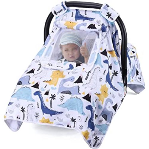 Car Seat Covers for Babies, Baby Car Seat Cover for Girls Boys, Kick-Proof Newborn Carrier Canopy with Breathable Mesh Peep Window, Windproof Stretchy Stroller Canopy(Dinosaur)