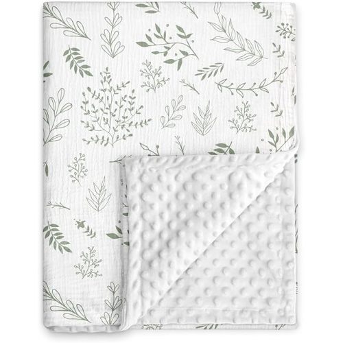 GLLQUEN BABY Blankets for Unisex Boys Girls, Muslin Cotton Front Soft and Breathable, and Dotted Fleece Backing, Printed Bed Nursery Minky Blankets for Toddler Newborn, Greenery, 30 x 40 inches