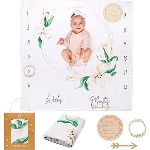 Baby Milestone Blanket | Cotton Muslin Swaddle Blanket | Monthly Photo Mat for Newborn Boy or Girl, Unisex | Frame | Personalised Baby Shower Present for New Mums | Age Mat | Includes Wooden Frames