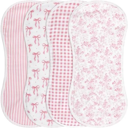 Boao 4 Pack Baby Burp Cloths Pink Bow Rayon Cotton Baby Burping Cloths 21" x 10" Soft Muslin 7 Absorbent Layers Washcloths Newborn Face Towels for Teething Drooling Infant Boy Girl Unisex