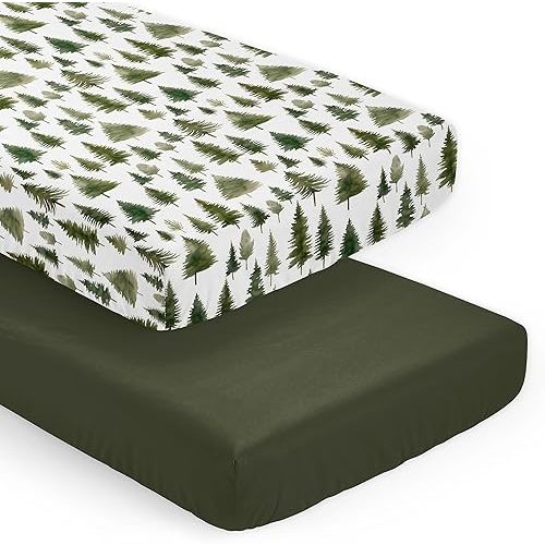 Sweet Jojo Designs Sage Green Woodland Boy Girl Gender Neutral Unisex Baby Fitted Crib Sheet Set Infant Newborn Nursery Toddler Bed Room Standard Mattress 2p Solid and Forest Pine Trees Watercolor