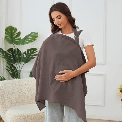 Muslin Nursing Cover for Baby Breastfeeding, Breathable 100% Cotton Breastfeeding Cover with Rigid Hoop for Mother Nursing Apron (Coffee)