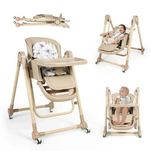 Loewten 3-in-1 Baby High Chair,Convertible Baby Swing,Foldable Infant Dining Chairs Seat with Wheels for Babies and Toddlers,Brown