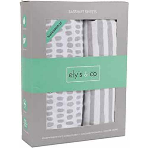 Ely's & Co. Patent Pending Waterproof Bassinet Sheet, No Need for Bassinet Mattress Pad Cover, 2 Pack Neutral Taupe Grey Splash & Stripes,for Baby Girl and Boy 32" 16"X3"