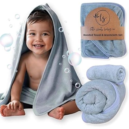 Hooded Baby Toddler Towel and Washcloth Set Made with Viscose from Bamboo, Large Size of 35" x 35", Soft and Absorbent, Baby Essential in Jean