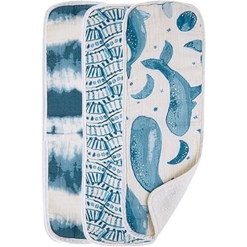 Crane Baby Muslin Baby Burp Cloths, Lightweight Absorbent Burp Cloth, Ocean Theme, Set of 3, 7" x 20", Newborn Baby Essentials, Burp Cloths Baby Boy, Burp Cloths Baby Girl, Baby Newborn Essentials
