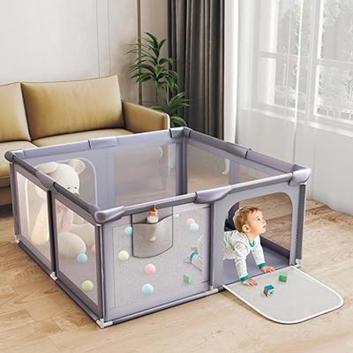 Baby Playpen, 50x50 Inch Play Yard for Babies and Toddlers, Indoor & Outdoor Baby Gate Play Pen with Soft Breathable Mesh, Safety Kids Fence Playard Area (Grey)
