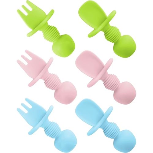 6 Pcs Silicone Baby Spoons First Stage and Fork, Toddler Utensils for Led Weaning, Chewable for Self-Feeding