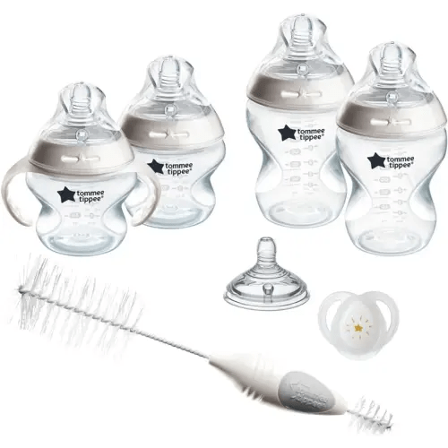 Tommee Tippee Natural Start Baby's First Bottle and Pacifier 8 Piece Set, 2 x 5oz and 2 x 9oz Anti-Colic BPA Free Bottles, 2 Extra Slow and Medium Flow Nipples, 2, 0-6 Month Pacifiers, Clear