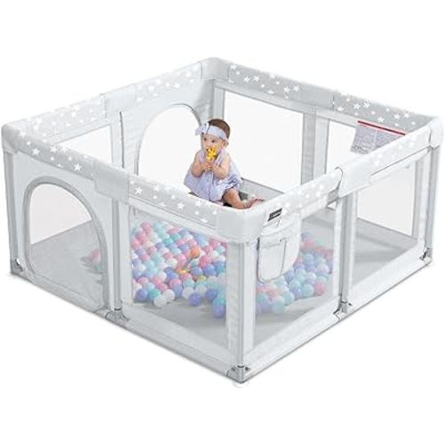 ANGELBLISS Baby Playpen, Large Baby Playard, Play Pens for Babies and Toddlers with Gate, Indoor & Outdoor Play Area for Infants, Kids Safety Play Yard with Star Print (Grey, 50"×50")