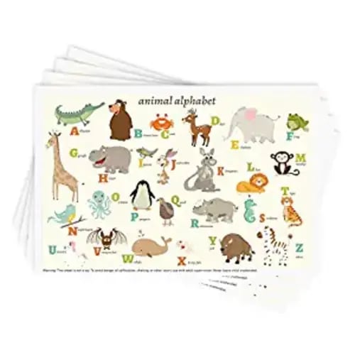 Disposable Stick-on Placemats 40 Pack for Baby & Kids, Restaurant Table Mats 12" x 18" Sticky Place Mats, Toddler Baby Placemat, Animal Alphabet Theme - 12x18 Inch (Pack of 40)