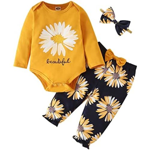 Fullfamous Baby Girl's 3pc Frill Long Sleeve Romper and Pant Set