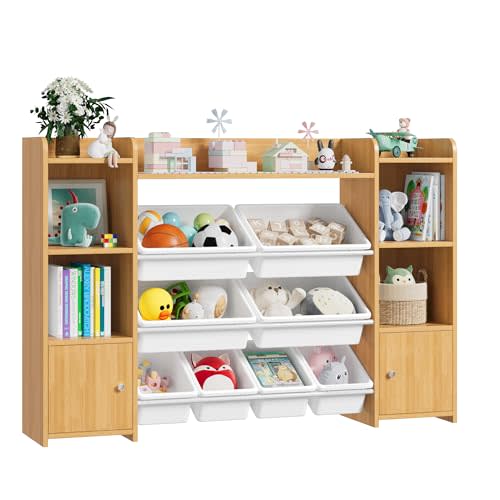 FOTOSOK 55''Large Toy Storage Organizer with 8 Toy Bins, Toy Organizers and Storage with Shelf and 6 Storage Cubbies, Bookshelf for Kids, Playroom Organization and Storage Bins, Natural