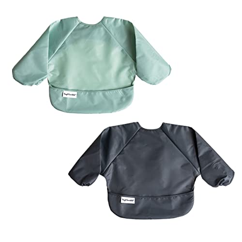 Tiny Twinkle Mess Proof Baby Bib |2 Pack Waterproof Smock Bib for Eating, Machine Washable Full Sleeve with Pocket (Sage Charcoal, Small 6-24 Months)
