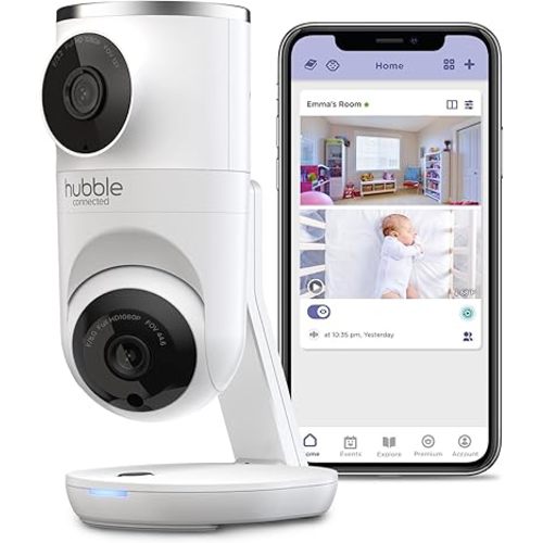 Hubble Connected Nursery Pal Dual Vision Smart Camera Wi-Fi Enabled Baby Monitor with AI Motion Tracking, Plus Preloaded Soothing Sounds, Lullabies, and Stories, White