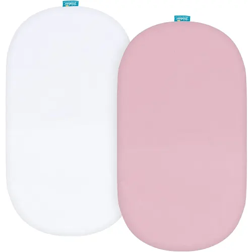 Bassinet Sheets Fit for Rectangle, Hourglass or Oval Bassinet Mattress (32" x 17"), Universal Fitted Sheet Set for Various Bassinet Mattress Pad, 2 Pack, Ultra Soft Microfiber Sheets, White & Pink